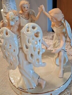 Vintage Dillards Three Dancing Angels Pillar Christmas Candle Holder Porcelain